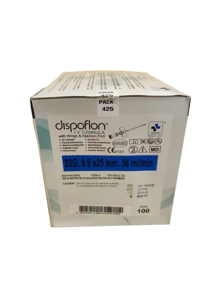 Intravénás kanül Dispoflon 22G 0,9 mm x 25 mm (kék) (100 db/doboz)