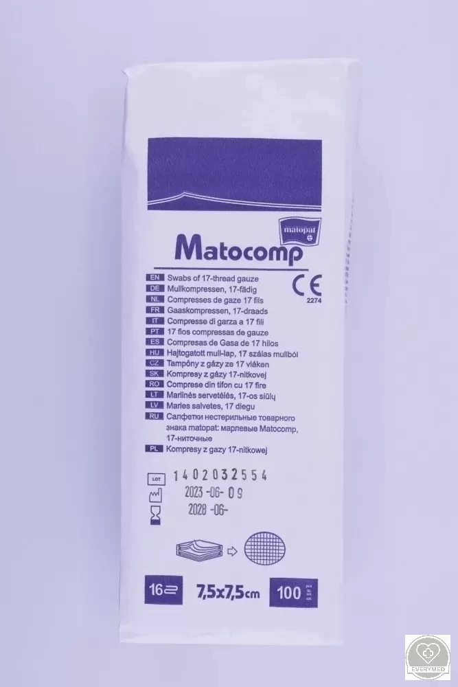 Matocomp mull-lap 16R hajtogatott 7,5 cm x 7,5 cm (100 db/csomag, 10 csomag/karton)