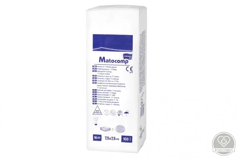 Matocomp mull-lap 16R hajtogatott 7,5 cm x 7,5 cm (100 db/csomag, 10 csomag/karton)
