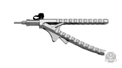 Laparoszkópos tűfogó, jobbról balra ívelt pofa, V-markolat racsnival, 5 mm x 330 mm