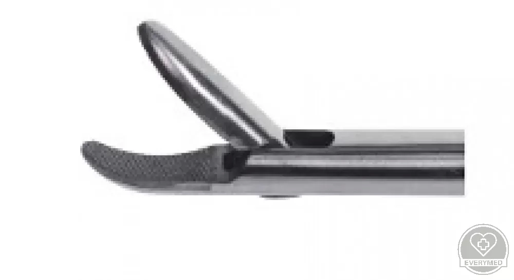 Laparoszkópos Tűfogó, jobbról balra ívelt pofa, V-markolat racsnival, 5 mm x 330 mm