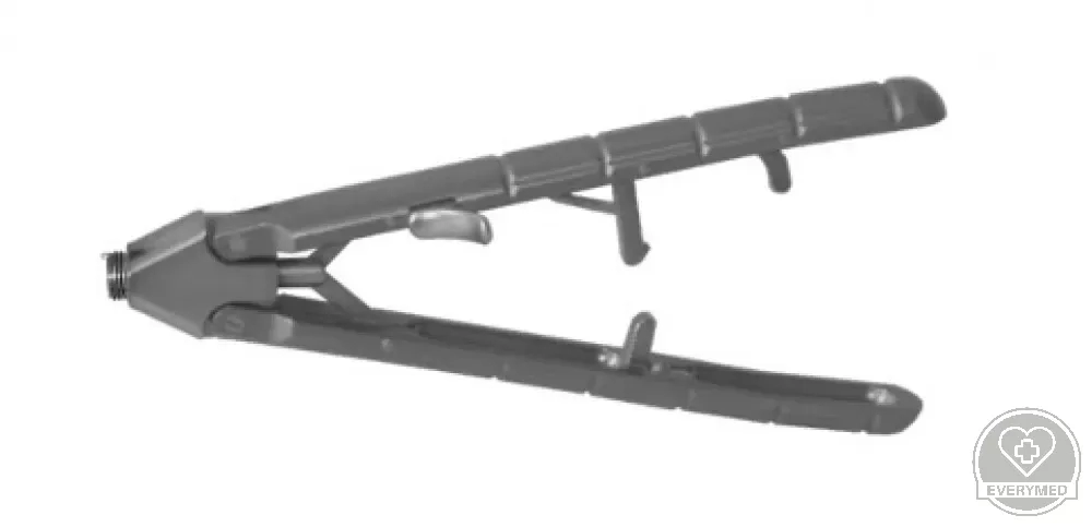 Laparoszkópos Tűfogó, jobbról balra ívelt pofa, V-markolat racsnival, 5 mm x 330 mm