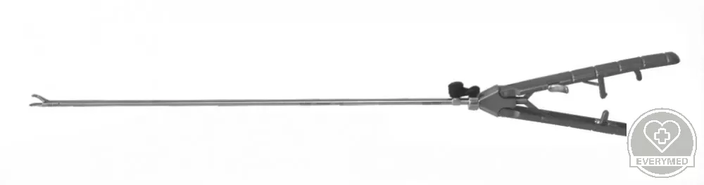 Laparoszkópos tűfogó, balról jobbra ívelt pofa, V-markolat racsnival, 5 mm x 330 mm (Balkezes)