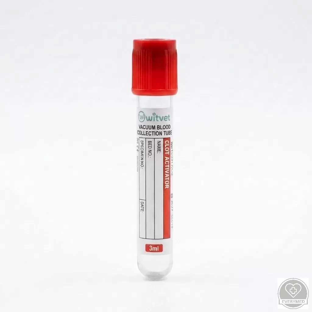 Alvadásgyorsítóval (clot activator) ellátott vákuumozott vérvételi cső (piros)