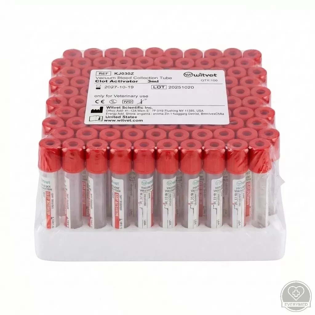 Alvadásgyorsítóval (clot activator) ellátott vákuumozott vérvételi cső (piros)