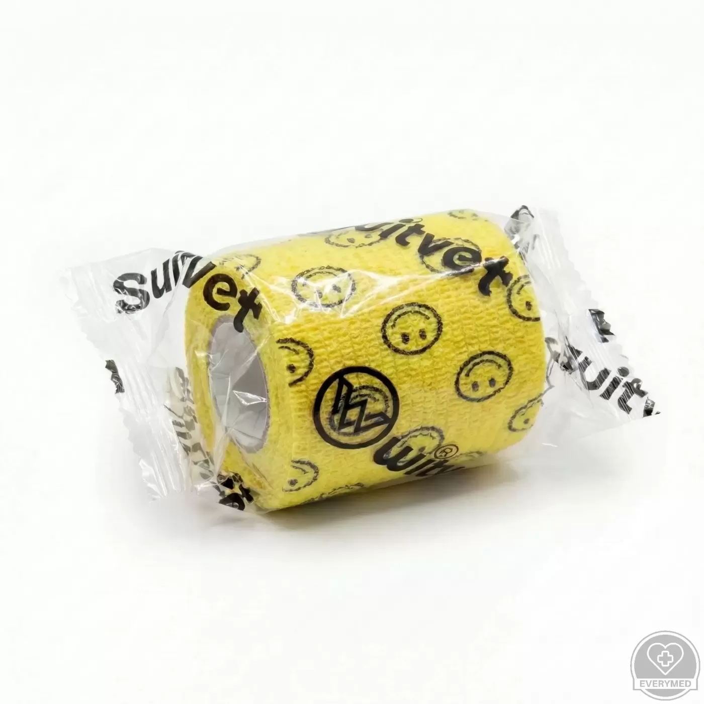 Öntapadós rugalmas kötszer, sárga smiley mintás, 7,5 cm x 4,5 m, 12 db