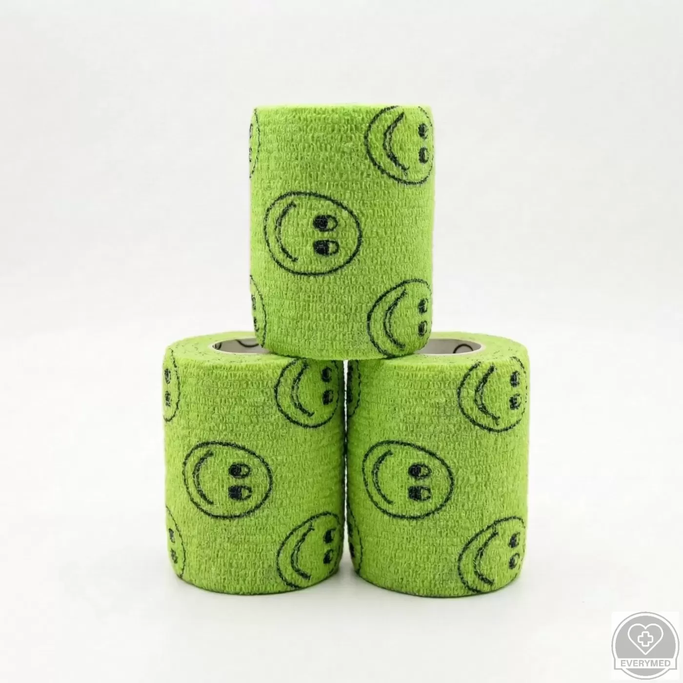 Öntapadós rugalmas kötszer, zöld smiley mintás, 10 cm x 4,5 m, 12 db