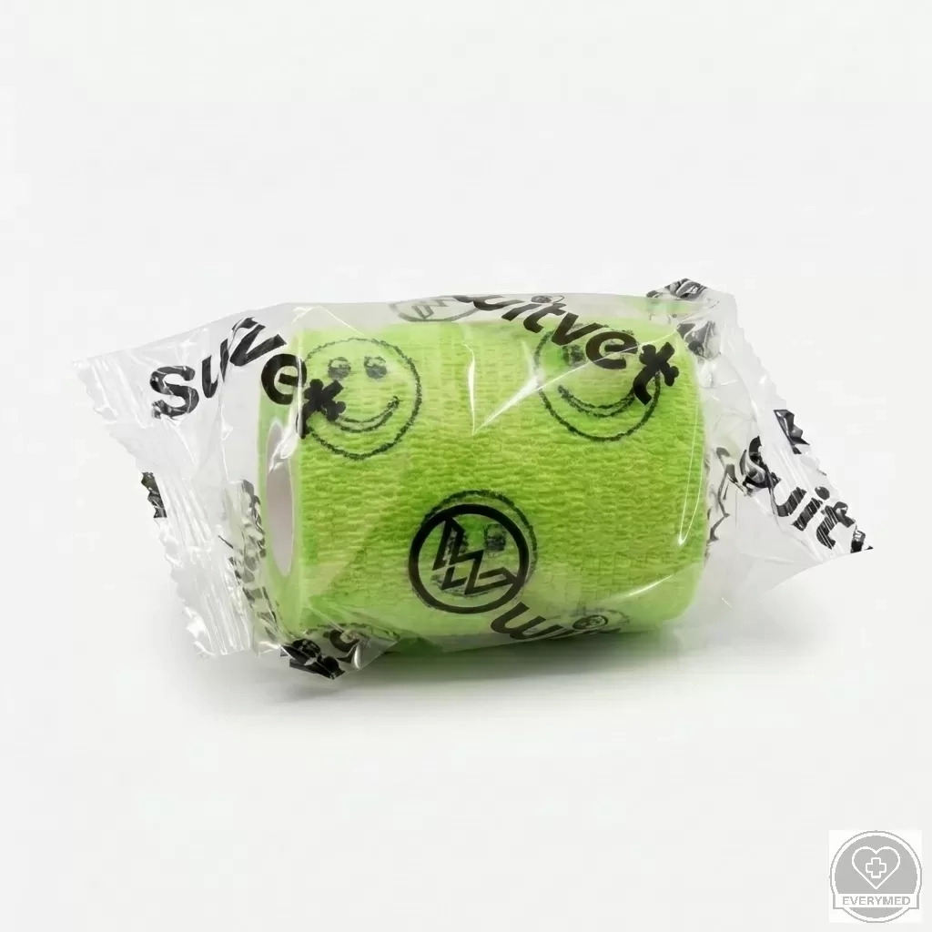 Öntapadós rugalmas kötszer, zöld smiley mintás, 10 cm x 4,5 m, 12 db