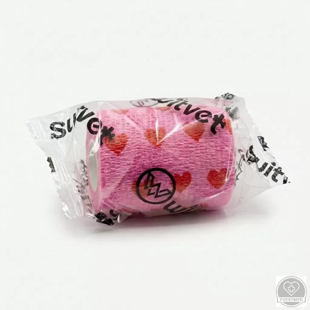 Öntapadós rugalmas kötszer, rózsaszín szív mintás, 5 cm x 4,5 m, 12 db