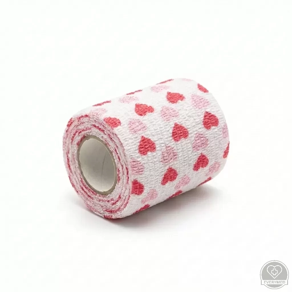 Öntapadós rugalmas kötszer, piros szív mintás, 10 cm x 4,5 m, 12 db