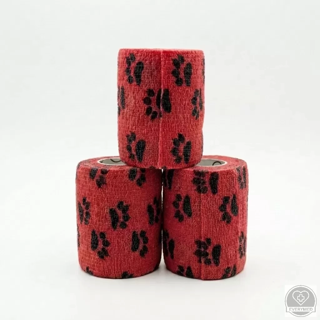 Öntapadós rugalmas kötszer, piros mancs mintás, 7,5 cm x 4,5 m, 12 db